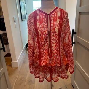 Roberto Cavalli Red and White Printed Long-Sleeve Tunic Blouse